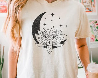 Lotus Flower Crop Top, Lotus Cropped Shirt, Celestial Crop Tops, Moon Lotus Flower, Distressed Grunge, Floral Crops, Celestial Sky Moon