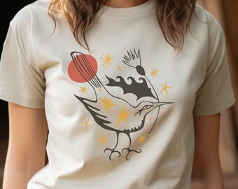 Celestial Bird Shirt Nature Lover Graphic Tee Herbal Astrology Tshirt Midsummer Holiday Shirt Cosmic Moon Stars Shirt Mystical Esoteric Art