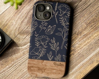 Personalized Phone Case, Floral Phone Case, Flowers, Custom Name Phone Cases, iPhone, Samsung Galaxy, Google Pixel, Wood Grain, Dark Blue