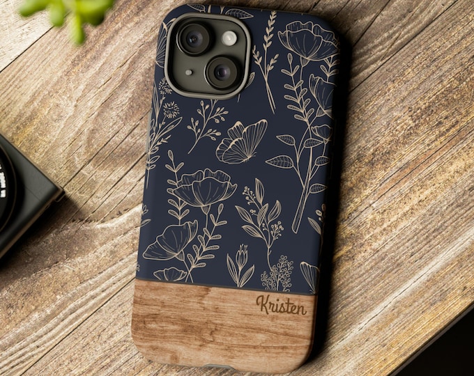Personalized Phone Case, Floral Phone Case, Flowers, Custom Name Phone Cases, iPhone, Samsung Galaxy, Google Pixel, Wood Grain, Dark Blue