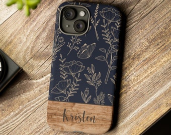 Personalized Phone Case, Floral Phone Case, Flowers, Custom Name Phone Cases, iPhone, Samsung Galaxy, Google Pixel, Wood Grain, Dark Blue