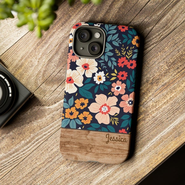 Personalized Phone Case, Custom Name Phone Cases, iPhone, Samsung Galaxy, Google Pixel, Flowers, Wood Grain, Large Flowers, Pretty Floral