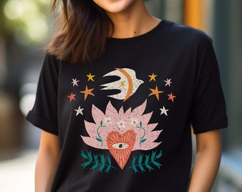 Sacred Heart Shirt, Peace Doves Graphic Tee Flaming Heart Evil Eye Tshirt Sacred Heart Tshirt Eclectic Vintage Bohemian Style Funky Graphic