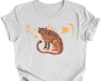 Retro Tiger Shirt Retro Tiger Graphic Tee Boho Tiger Shirt Vintage Inspired Celestial Tiger T Shirts Funky Graphic Tshirts Eclectic Tops