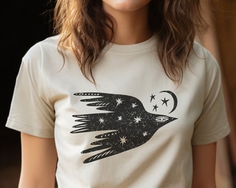 Celestial Bird Shirt Flying Bird Night Sky Moon Stars Vintage Tee Distressed Graphic Tshirt Bohemian Style Trendy Boho Design Folk Art Tee