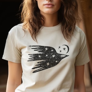 Celestial Bird Shirt Flying Bird Night Sky Moon Stars Vintage Tee Distressed Graphic Tshirt Bohemian Style Trendy Boho Design Folk Art Tee