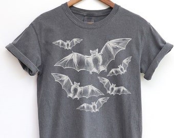Camiseta de murciélagos, colores cómodos, camiseta de Halloween, murciélagos de Halloween, murciélago volador, camiseta de Halloween espeluznante, camiseta de disfraz de Halloween, colonia de murciélagos