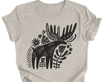 Scandinavian Moose Shirt Folk Art Moose Graphic Tee Unique Scandi Moose Tshirt Folk Art Boho Style Tops Moose Cute Animals Scandinavian