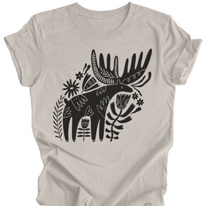 Scandinavian Moose Shirt Folk Art Moose Graphic Tee Unique Scandi Moose Tshirt Folk Art Boho Style Tops Moose Cute Animals Scandinavian