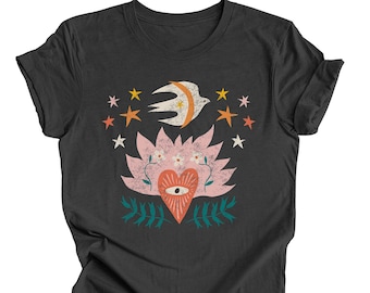 Sacred Heart Shirt, Retro Tshirt, Flaming Heart Graphic Tee, Peace Dove Shirt, Sacred Heart Shirt, Vintage Distressed Style, Sacred Hearts,