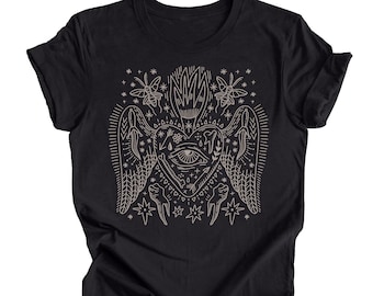 Sacred Heart Graphic Tee Heart with Wings Shirt Angel Wings Eclectic Gothic Tshirt Dark Boho Alternative T Shirt Mystical Trendy Bohemian