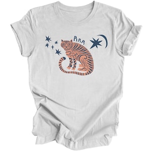 Retro Tiger Graphic Tee Cute Vintage Tiger Shirt Modern Boho Tshirt Eclectic Tiger Tops Asian Tiger Astrology Zodiac Tshirt Stars Celestial