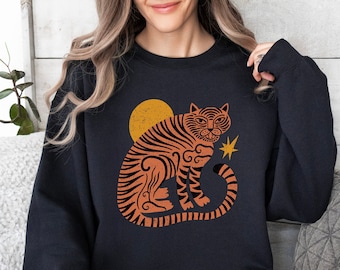 Retro Tiger Sweatshirt Cute Tiger Sweatshirt Eclectic Sweatshirts Vintage Inspired Funky Tiger Hand Drawn Graphic Moon Sun Unique Tiger Tops