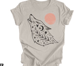 Wolf Tshirt Howling Wolf Graphic Tee Boho Wolf Shirt Bohemian Symbols Celestial Howling Wolf Moon Silhouette Cute Bohemian Aesthetic Tops