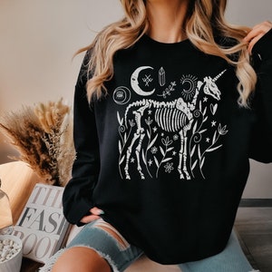 Halloween Sweatshirt, Unicorn Skeleton Sweatshirt, Halloween Crewneck, Goth Halloween Women, Gothic Sweatshirt, Alternative Crewneck Woman