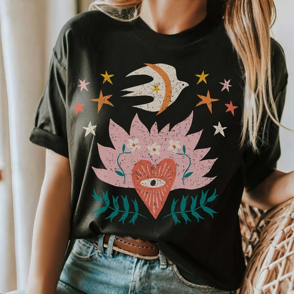 Sacred Heart Shirt, Comfort Colors, Tattoo Shirt, Vintage Shirt, Retro 70s Shirt, Hippie Shirt, Retro Tshirt, Flaming Heart, Alt Graphic Tee