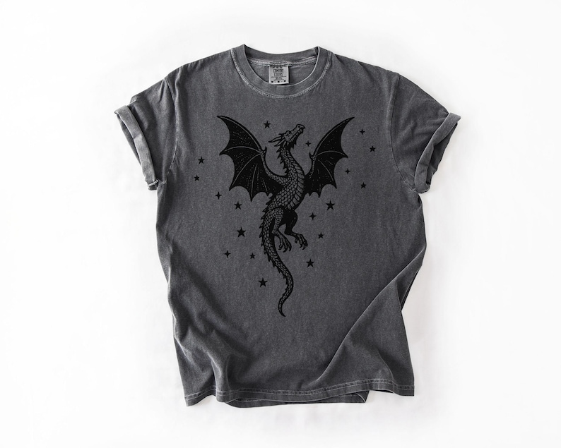 Op de afbeelding: Donkergrijze t-shirt met een zwart drakenontwerp met uitgespreide vleugels en sterren. De draak is gedetailleerd. Het shirt heeft een ronde hals en korte mouwen.