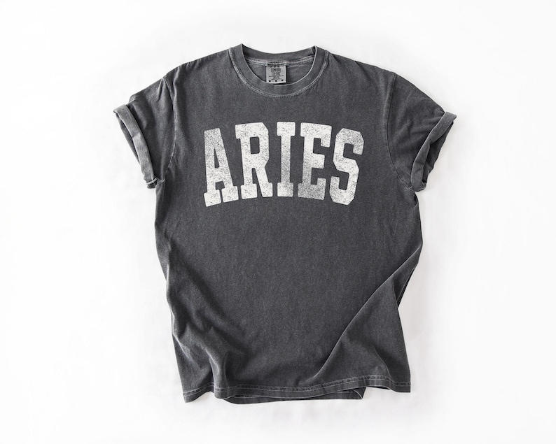 May include: A charcoal gray t-shirt with the word "ARIES" printed in white, block letters. The shirt has rolled-up sleeves and a vintage, worn look. The t-shirt is laid flat on a white surface.