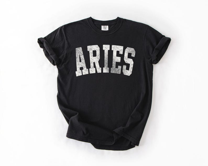 May include: Black t-shirt with the word "ARIES" printed in distressed white lettering. The shirt has short sleeves and a crew neck. The fabric appears soft and comfortable, suitable for casual wear.
