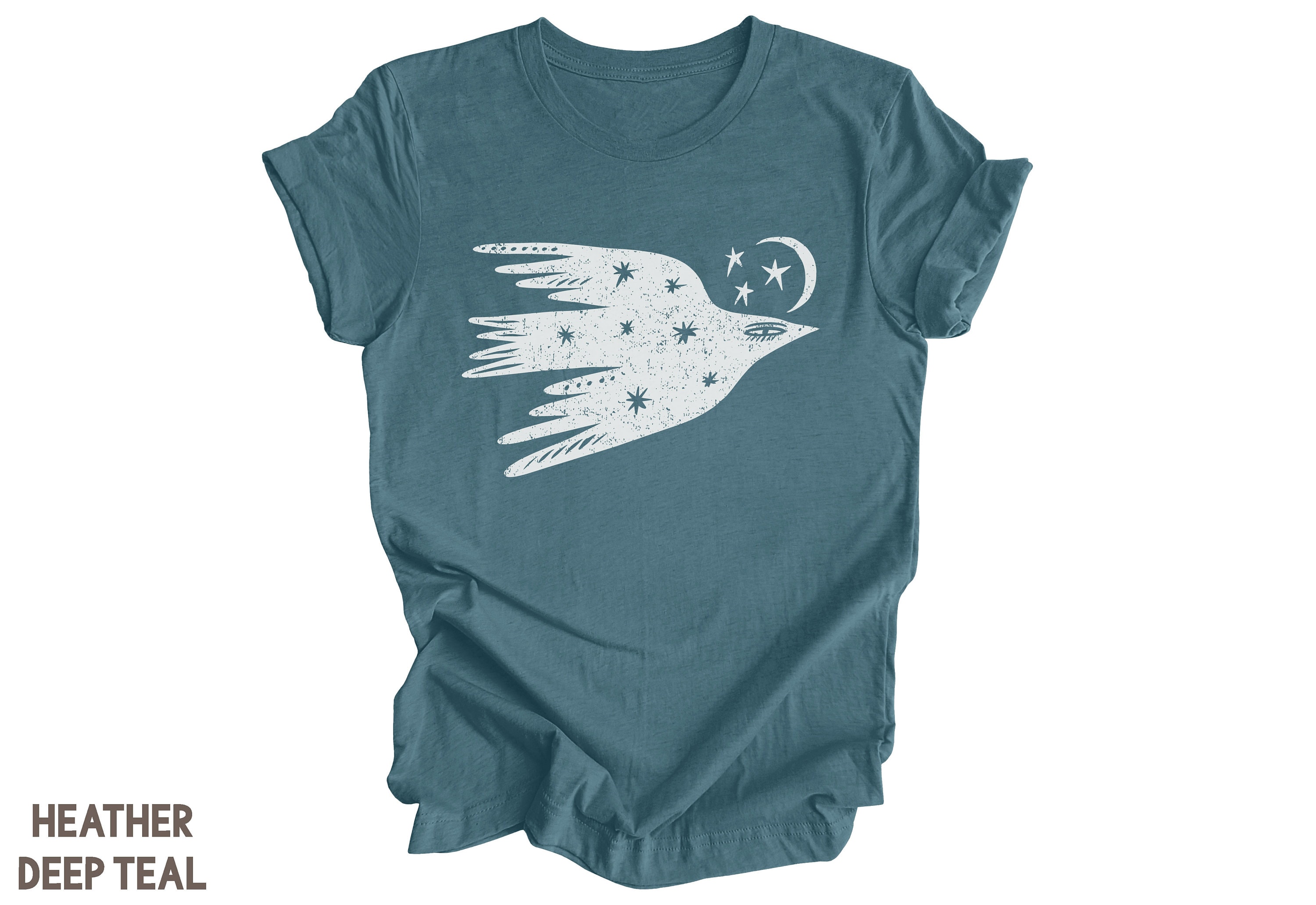 Celestial Bird Shirt Flying Bird Night Sky Moon Stars Vintage Tee Distressed Graphic Tshirt Bohemian Style Trendy Boho Design Folk Art Tee