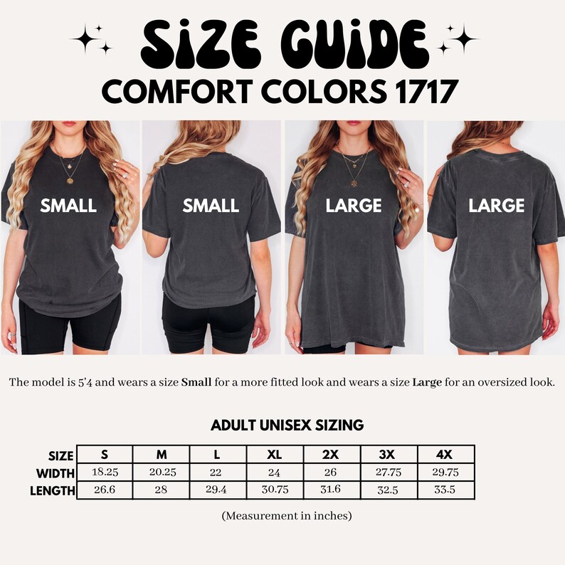 以下が含まれることがあります： ユニセックスTシャツのサイズチャート（S〜4X）。チャートには、各サイズの幅と長さがインチで表示されています。モデルは身長163cmで、よりフィットしたルックにはSサイズ、オーバーサイズルックにはLサイズを着用しています。