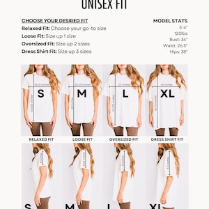 May include: A size chart for Comfort Colors 1717 unisex fit t-shirts. The chart includes measurements for sizes S, M, L, and XL, with details on relaxed, loose, oversized, and dress shirt fits. The model's stats are also listed.