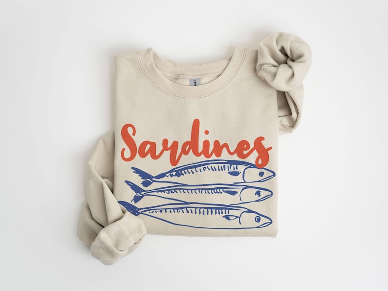 Sardines Sweatshirt, Fish Crewneck, Vintage Sardine, Coastal Aesthetic, Fish Shirt, Retro European, Foodie Shirt, Travel Sweater, Preppy Top