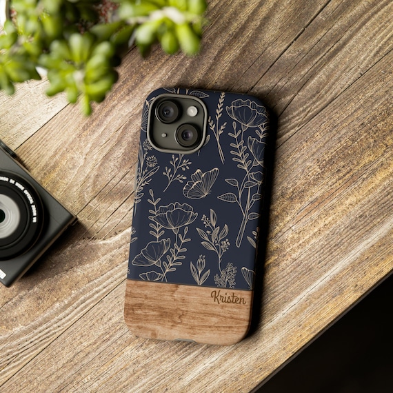 Personalized Phone Case, Floral Phone Case, Flowers, Custom Name Phone Cases, iPhone, Samsung Galaxy, Google Pixel, Wood Grain, Dark Blue