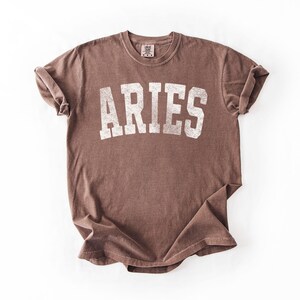 May include: A brown t-shirt with the word "ARIES" printed in white, block letters. The shirt has a vintage, distressed look, with rolled-up sleeves and a crew neck. The shirt is laid flat on a white surface.