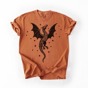 Op de afbeelding: Een roestkleurig T-shirt met een zwart drakenontwerp en sterren. De draak heeft grote vleugels en een gedetailleerd lichaam. Het T-shirt heeft een ronde hals en opgerolde mouwen. Het ontwerp is op de voorkant gedrukt.