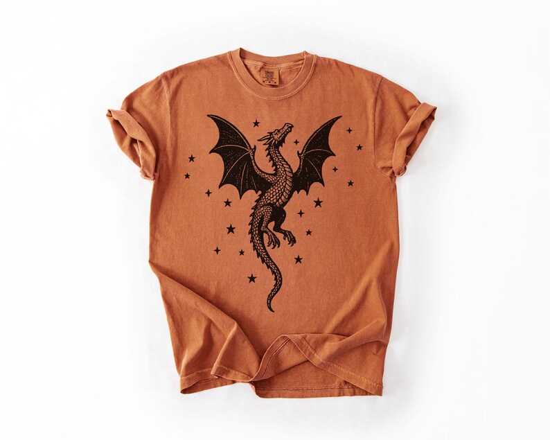 Op de afbeelding: Een roestkleurig T-shirt met een zwart drakenontwerp en sterren. De draak heeft grote vleugels en een gedetailleerd lichaam. Het T-shirt heeft een ronde hals en opgerolde mouwen. Het ontwerp is op de voorkant gedrukt.