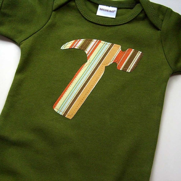 size 12-18 months - Short Sleeve Olive Green Bodysuit with a Striped Hammer Applique - Baby Boy Clothes