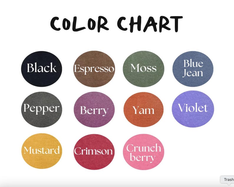 Puede incluir: Una carta de colores con el t&iacute;tulo "COLOR CHART" en negro, que presenta 12 muestras de color. Los colores incluyen Negro, Espresso, Musgo, Azul Jean, Pimienta, Baya, &Ntilde;ame, Violeta, Mostaza, Carmes&iacute; y Crunch Berry, cada uno etiquetado en texto blanco.