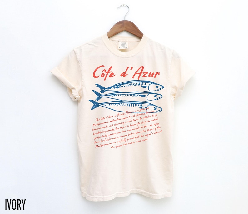 French Riviera Shirt, Côte d'Azur, Sardines TShirt, Seafood T Shirt, France Travel Tee, Vintage Aesthetic, Retro Graphic Tee, Mediterranean