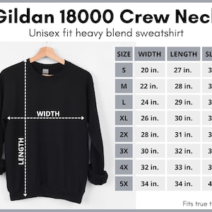 K&ouml;nnte beinhalten: Schwarzes Gildan 18000 Crewneck-Sweatshirt mit Gr&ouml;&szlig;entabelle, die die Ma&szlig;e in Zoll f&uuml;r die Gr&ouml;&szlig;en S bis 5X angibt. Unisex-Passform, schweres Mischgewebe.