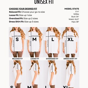 May include: A size chart for Comfort Colors 1717 unisex fit t-shirts. The chart includes measurements for sizes S, M, L, and XL, with details on relaxed, loose, oversized, and dress shirt fits. The model's stats are also listed.