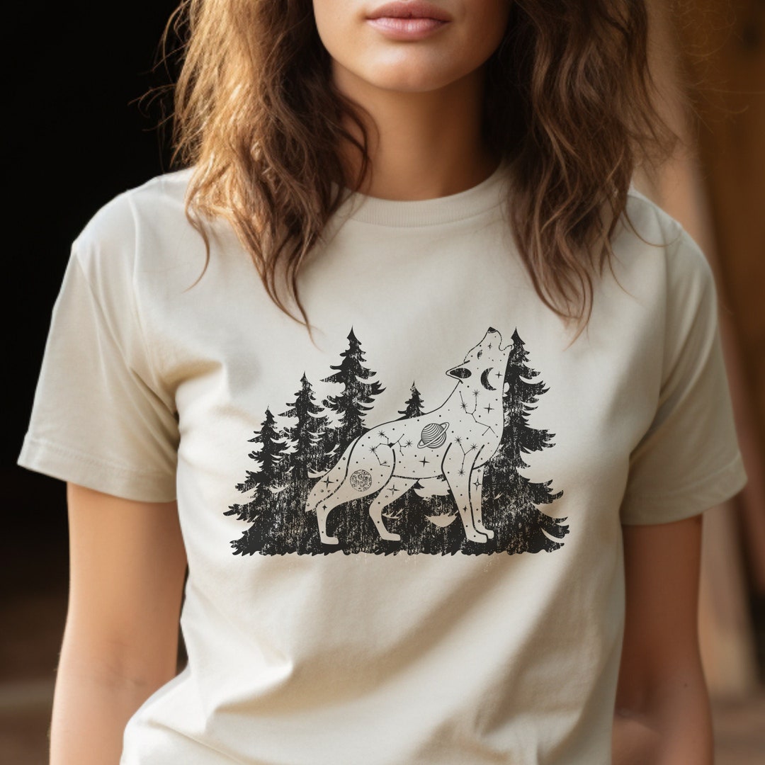 Howling Wolf Tshirt, Vintage Distressed Graphic Tee, Trees Forest