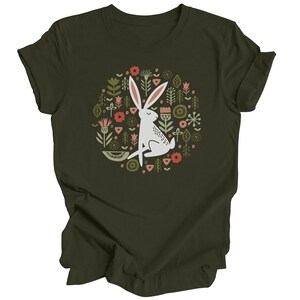 Folk Art Rabbit Tshirt, Flowers Shirt, Bunny Tee, Easter Spring, White Hare T Shirt, Scandinavian Flower Graphic Tee, Spring Summer Nature image 3