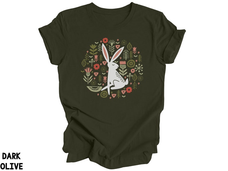 Folk Art Rabbit Tshirt, Flowers Shirt, Bunny Tee, Easter Spring, White Hare T Shirt, Scandinavian Flower Graphic Tee, Spring Summer Nature image 3