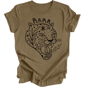 May include: A heather olive t-shirt with a black and white illustration of a roaring tiger with the word "RAWR" above it.