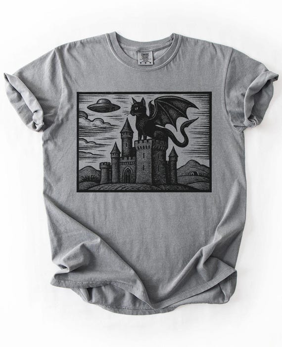 Medieval Cat Shirt, UFO Cat TShirt, Dragon Cat T Shirt, Fantasy Shirts, Vintage Inspired, Dark Art Shirt, Medieval Cats, Cat Dragon Shirt