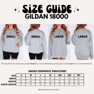 K&ouml;nnte beinhalten: Gr&ouml;&szlig;entabelle f&uuml;r ein Unisex-Sweatshirt mit Rundhalsausschnitt, mit Ma&szlig;en in Zoll f&uuml;r Breite, L&auml;nge und &Auml;rmell&auml;nge. Die Gr&ouml;&szlig;en reichen von S bis 4XL.