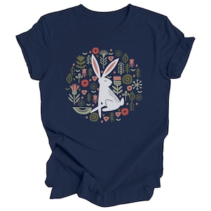 Folk Art Rabbit Tshirt, Flowers Shirt, Bunny Tee, Easter Spring, White Hare T Shirt, Scandinavian Flower Graphic Tee, Spring Summer Nature