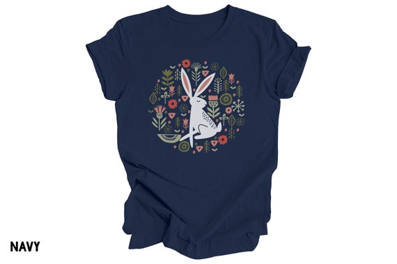 Folk Art Rabbit Tshirt, Flowers Shirt, Bunny Tee, Easter Spring, White Hare T Shirt, Scandinavian Flower Graphic Tee, Spring Summer Nature