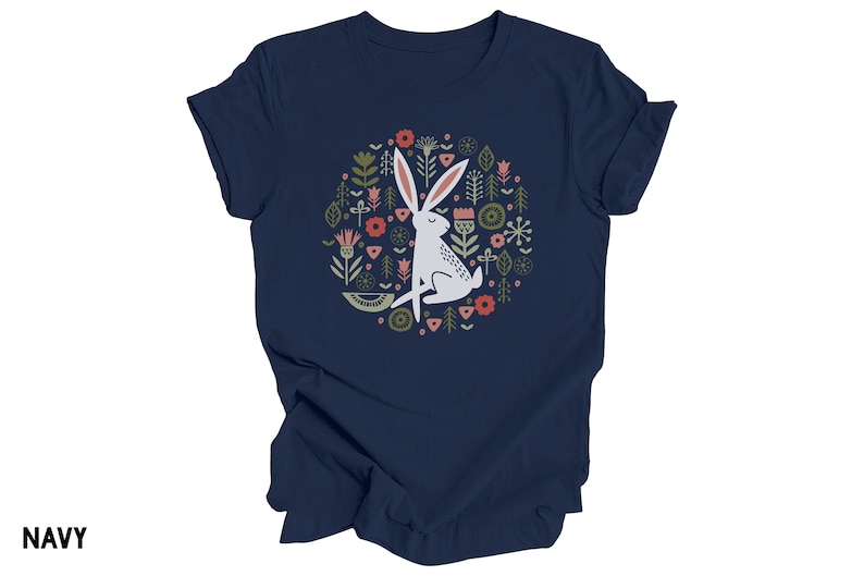Folk Art Rabbit Tshirt, Flowers Shirt, Bunny Tee, Easter Spring, White Hare T Shirt, Scandinavian Flower Graphic Tee, Spring Summer Nature image 1