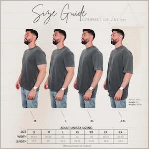 May include: Size guide for Comfort Colors 1717 adult unisex t-shirts. The image shows four models wearing gray t-shirts in different sizes, from M to XXL. The size chart provides measurements in inches for width and length.