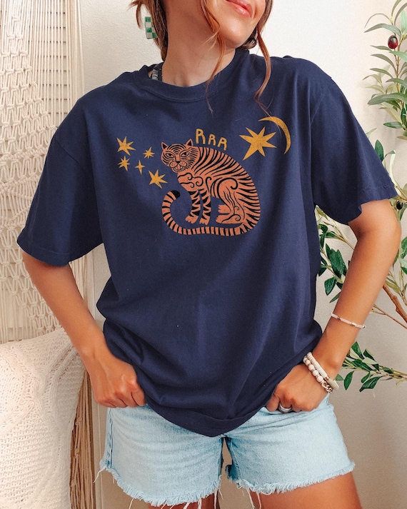 Tiger Shirt, Retro Tiger Tshirt, Celestial Tiger Graphic Tee, Animal Shirt, Mystical Shirt, Zodiac Tshirt, Distressed T-Shirt