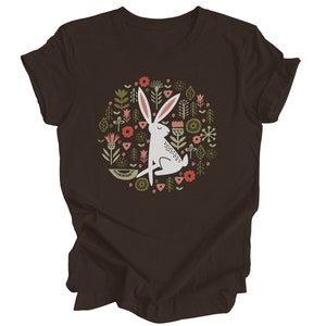Folk Art Rabbit Tshirt, Flowers Shirt, Bunny Tee, Easter Spring, White Hare T Shirt, Scandinavian Flower Graphic Tee, Spring Summer Nature image 2