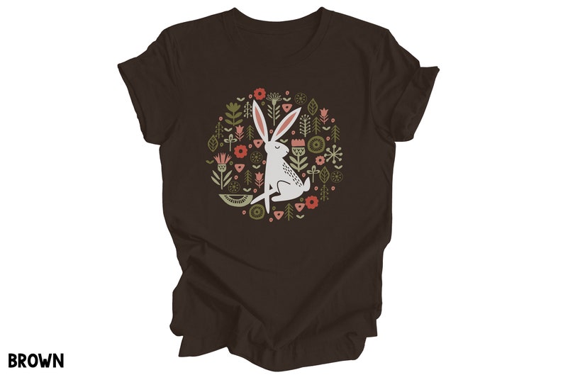Folk Art Rabbit Tshirt, Flowers Shirt, Bunny Tee, Easter Spring, White Hare T Shirt, Scandinavian Flower Graphic Tee, Spring Summer Nature image 2