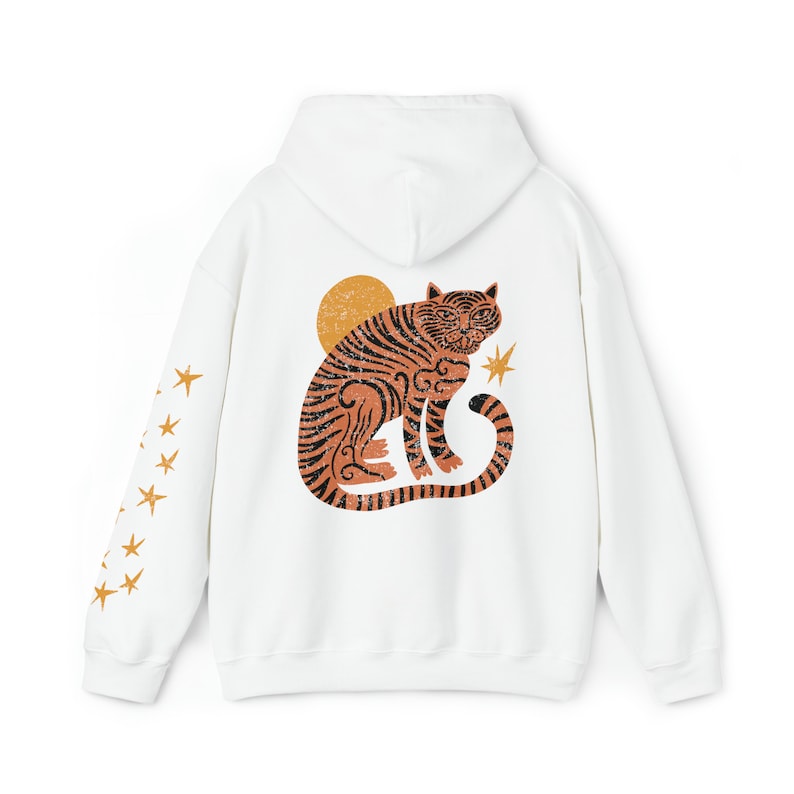 Tiger Sweatshirt Funky Asian Tiger Hoodie Modern Boho Clothing Eclectic Hooded Sweatshirt Retro Distressed Graphic Shirt Vintage Cute Style image 4